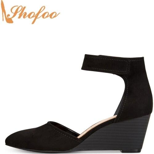 Black Two-Piece Pumps High Wedge Heels Women Pointed Toe Hook&Loop Ankle Strap Big Size 12 16 Lady Fashion Mature Shoes Shofoo