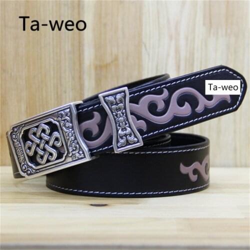 Unisex Belts, Fashion "Mongolian waist flower" Printed Genuine Leather Belt, Women And Mens Cowhide Leather Belts