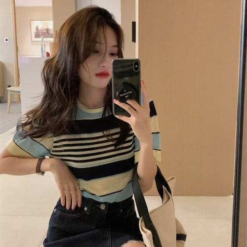 Striped Round Neck Short-sleeved Sweater Womens Summer New Korean Style Loose and Thin All-match Blouse Trend