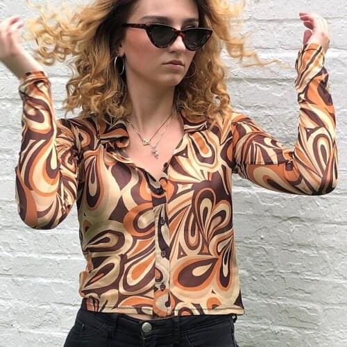 Paisley Printed Vintage Shirts Turn-down Collar Long Sleeve High Street Crop Top Brown Button Casual Fashion Sheath Blouse Women