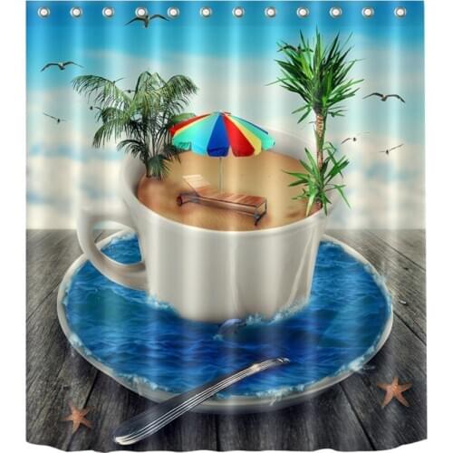 72'' Bathroom Waterproof Fabric Shower Curtain Polyester 12 Hooks Bath Accessory Sets Coffee Cups And Saucers Like Beach And Sea