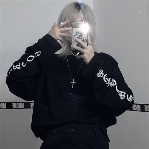 Harajuku Goth Letter Print Top Punk Korean Styles Kawaii Long Sleeve Women T-Shirt Dropshipping Y2K Plus Size Black Kpop Clothes