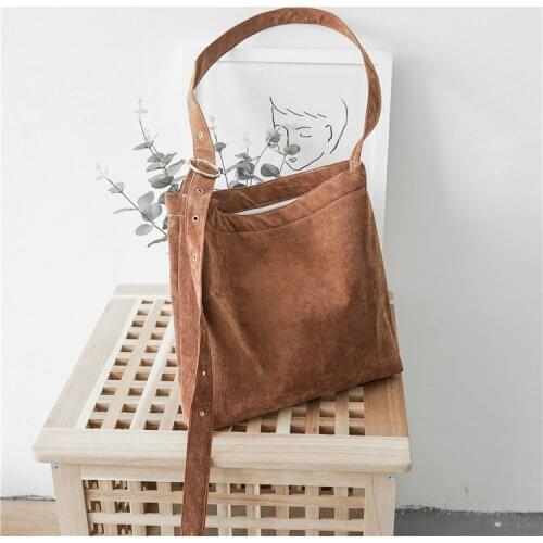 Womens Corduroy Canvas Tote Adjustable Strap Foldable Shopping Bag Ladies' Shoulder Bag School Books Bag Eco Friendly Handbag