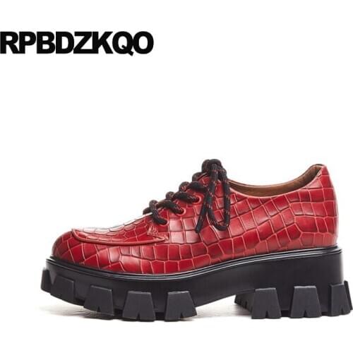 Lace up autumn genuine leather casual red luxury brand women shoes 2019 wedge medium heels platform round toe pumps size 4 34