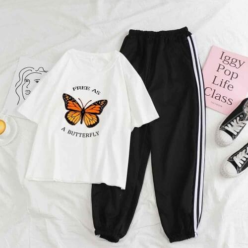 Pants Suit Two Piece Outfits for Women Summer Butterfly Letters Short Sleeve Women Joggers Pants Trousers Oversized T Shirts