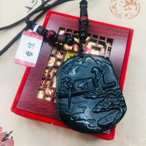 Zheru natural and Tian Moyu carved black Jiangnan water boat pendant with sandalwood beads necklace sweater chain
