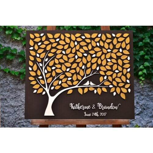 3D Wedding Guest Book Customized,Personalized Wooden Wedding Guest Book,Yellow Leaves Guest Book,Custom Mr & Mrs Guestbook