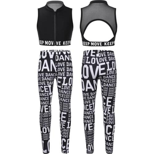 Kids Girls Tracksuit Outfit Stand Collar Letters Tanks Tops Crop Top with Leggings Pants for Stage Performance Gymastics Workout