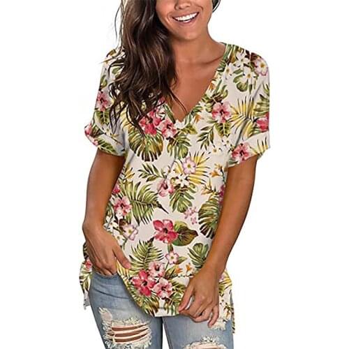 Summer Women T Shirt Fashion Print Deep V Neck Short Sleeve Midi Length Tops Female Casual Loose Streetwear Plus Size Tee Shirts