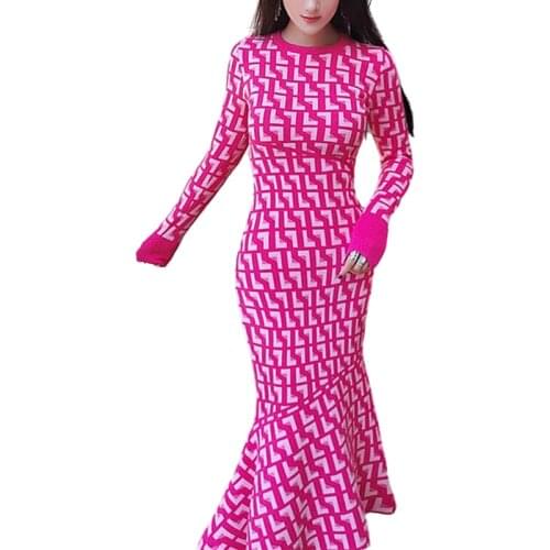 2021 Autumn New Fashion Women Dress Long Sleeve Bodycon Midi Fishtail Dresses