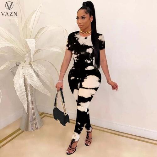 VAZN 2021 Hot Sales Print Simple Casual Daily Bandage Short Sleeve Sexy Boho High-end Women Slim Pencil Leg Jumpsuits