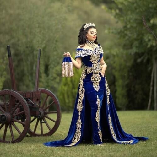 Traditional Kosovo Velvet Evening Dresses with Detachable Train Lace Applique Arabic Mermaid Prom Dress robe de soirée 2021