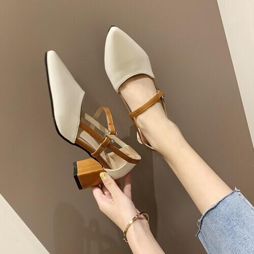 Party Women Mules Slipper Pointed Toe Block Strap Closed Shallow High Heels Shoes Sandals Black Beige Square heel Pumps U22-60