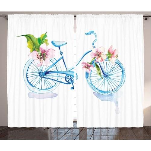 Bicycle Curtains Watercolors Textured Bicycle with Orchids Living Room Decor Curtains Bedroom Window Drapes Curtains for Kitchen