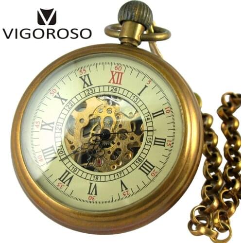 VIGOROSO Collectible Gifts Antique Old Copper Wind up Mechanical Pocket Watch FOB Chain Pendant Steampunk Skeleton Luxury Clock