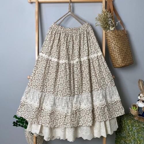 Mori Girl Female Hollow Embroidery Stitching Skirt 2021 Spring Autumn New Printed Lace Sweet Age-Reducing A-Line Skirt