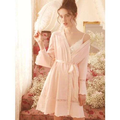 2021 New Robe Free Shipping Princess One Piece Robe Nightgown Womens Summer Short Robe Pink and White Vintage Cotton Pajamas