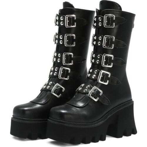 Winter Gothic Punk Womens Platform Boots Black Buckle Strap Zipper Creeper Wedges Shoes Mid Calf Military Combat Boots Women