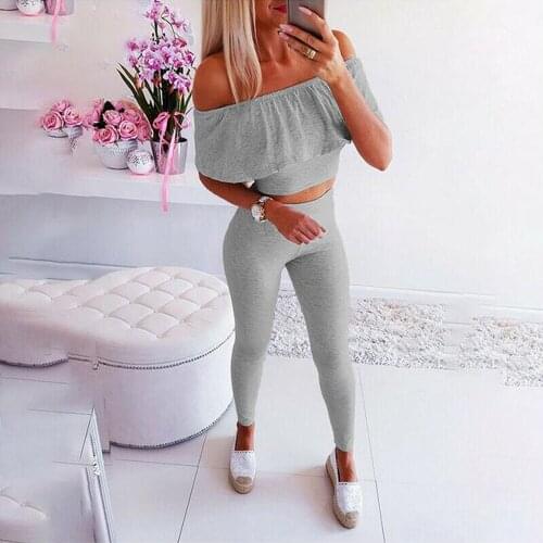 Women 2PCs Off Shoulder Top Long Pants Ladies Tracksuit 2020 Summer Outfits Set Gym Tracksuit Jogger