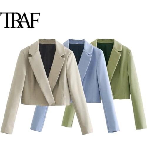 TRAF Women Fashion Hidden Breasted Cropped Blazer Coat Vintage Long Sleeve Female Outerwear Chic Veste Femme