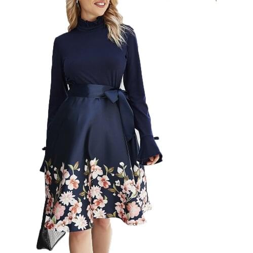 Hot Sale In Autumn and Winter Hot Style Retro Print Big Slit High Neck Dress Women