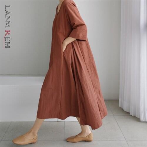 LANMREM Loose Dress Womens Long Length V-neck Cotton And Linen Temperament Dresses 2021 Summer Autumn 2D5004