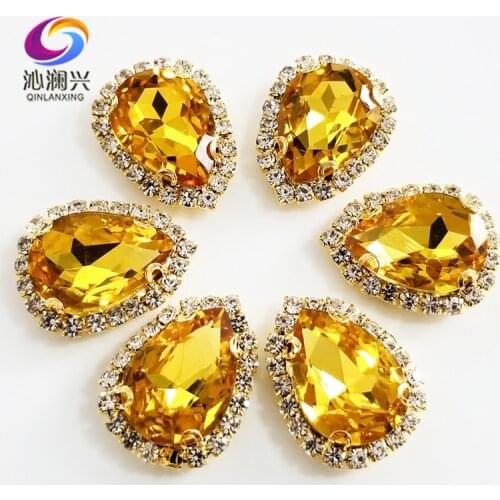 Golden yellow 10pcs/pack Golden bottom Top grade Glass Crystal buckle,Drop shape sew on rhinestones,Diy wedding decoration