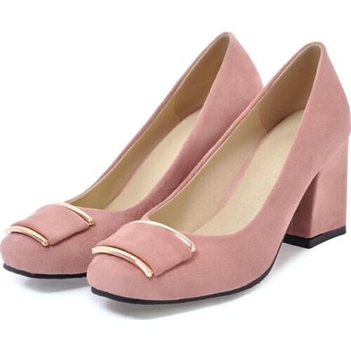 AGODOR 2020 women shoes high heel Slip on Thick High Heels Pumps Spring New Square Toe Work Office Ladies Shoes Pink Plus Size