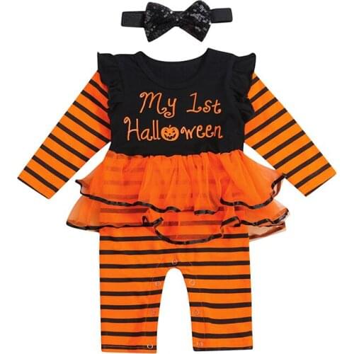 Babys Halloween Girls Two-piece Clothes Set Stripe And Letters Printed Pattern Romper And Headdress Childrens Clothing Set