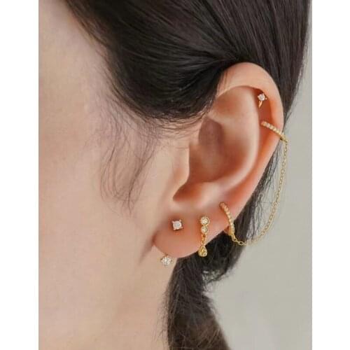 Cz huggie hoop-Double hoop earring with chain-Chain hoop-Chain hoop earrings-Hoop earring-Chain earrings-Silver hoop-huggie hoop