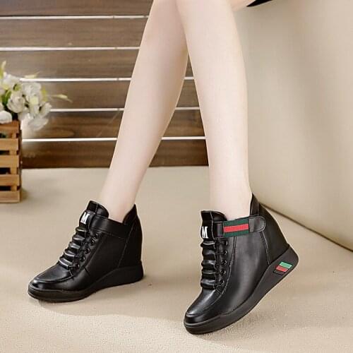 Lace-up Breathable Women Leather Casual Shoes Wedges Chunky Heels Height Increasing Paltform Female Ladies Shoes