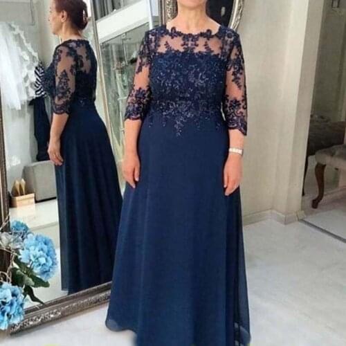 Elegant Mother of The Bride Dresses Lace Appliques O-Neck Three Quarter Sleeve Formal Evening Gowns Mother Dresses for Wedding