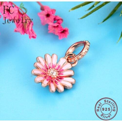 FC Jewelry Fit Original Pandora Charm Bracelet 925 Silver Rose Gold Flower Pink Enamel Daisy Pendant Bead Making Berloque 2021