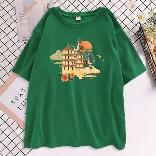 Ancient Chinese Architecture Print T Shirts Women Style Comfortable Tshirts Street Breathable Tee Cartoon Loose WomenS T-Shirts