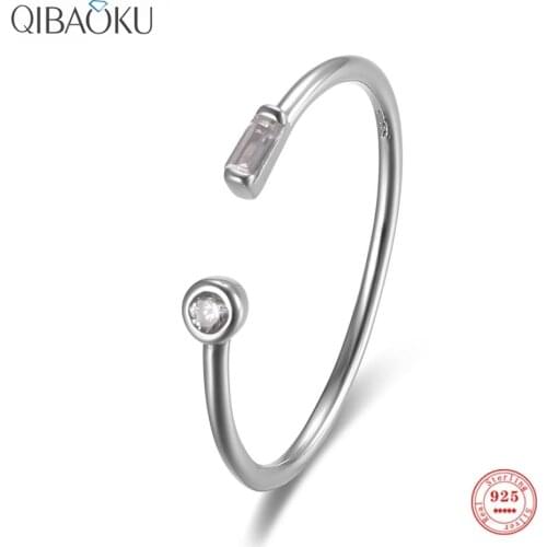925 Sterling Silver Oxidized Opening Rings Rectangle Round Zircon Fine Jewelry Gift Thin Fashion Rings for Women