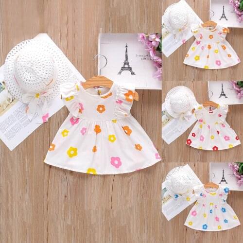 Summer Dress Set Newborn Infant Baby Girls Sleeveless Ruffle Floral Princess Dress Hat Outfits Newborn Clothes Baby Costume