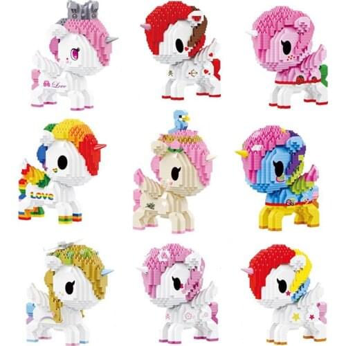 Girl Building Block Toy Cartoon Rainbow Pony Model Doll Unicorn Animal DIY Assembly Brick Childrens Educational Toy Collection
