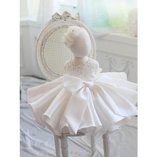 Infant Girl Clothes Beads Lace Bow 1 Year Birthday Outfits Newborn Baptism Dress Sleeveless Baby Girls Party Christening Dresses