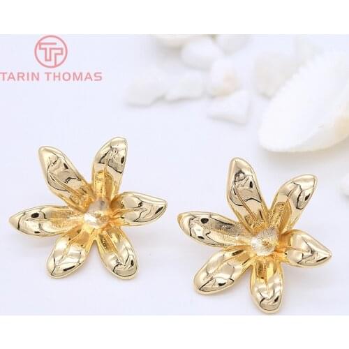 4PCS 25MM 24K Gold Color Plated Brass Flower Beads Caps with Half Pins Tassel Caps Diy Jewelry Findings Earrings Accessories