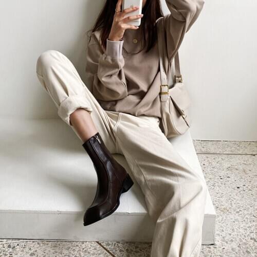 Fashion Zipper Women Boots Leather Ankle Boots Comfortable Square Head Heel Boots Ladies Shoes Big Size 34-42