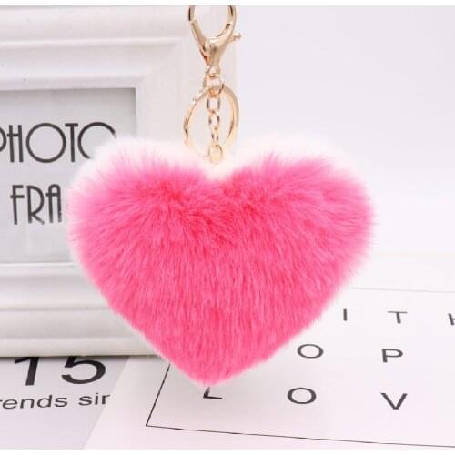 MOFLO Newest Simple Design Double sided Pink Faux Fur PomPom Keychain Fur Ball Peach Heart Shape Keychain for Bag