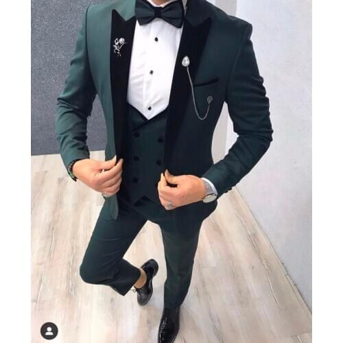 2021 Green Men Suits Wedding Tuxedos Groom Black Lapel Costume Homme Slim Fit Blazer Terno Masculino 3 Pieces Jacket Pant Vest