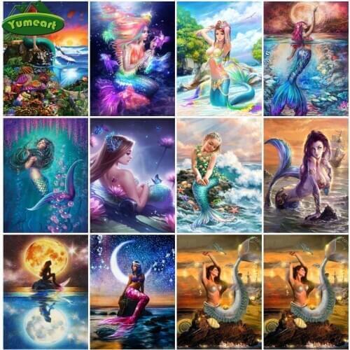 DIY Diamond Painting by Number Mermaid Girl Sea Sunrise Landscape Needlework Art Crafts Cross Stitch Full Rhinestones Girl Fairy