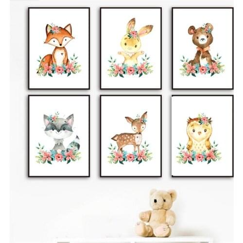 Fox rabbit bear deer owl Raccoon Nursery Wall Art Canvas Painting Nordic Posters And Prints Wall Pictures Baby Girl Room Decor