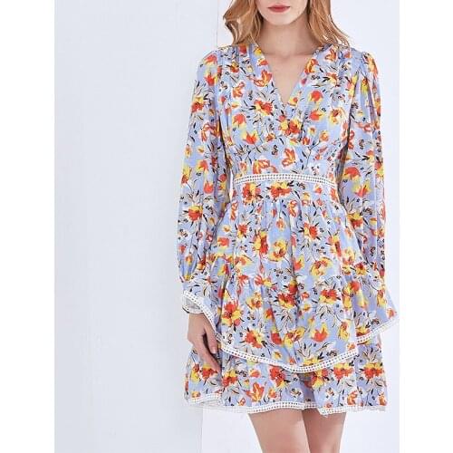 New Women Flower Print Cascading Ruffle Dress Fashion V-Neck Sexy Mini Dresses 3245