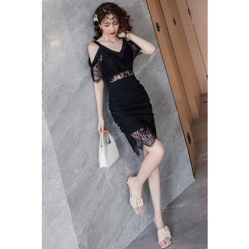 New Black little dress Fashion Women Lace Splice Off shoulder Sexy dress Mini Dress Ladies party Dress dress summer 2020