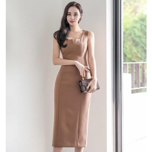 New arrival fashion summer profession midi dress women elegant temperament simple OL ladies V-neck sleeveless slim pencil dress