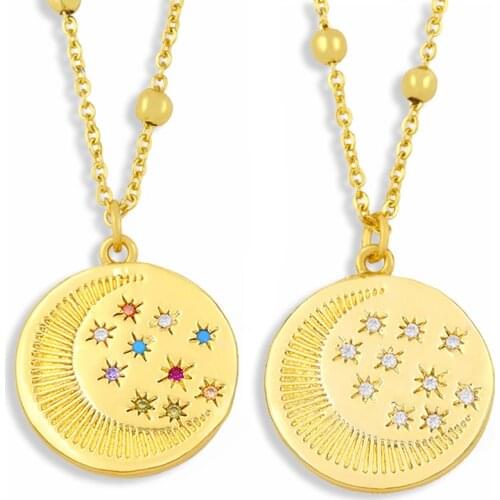 FLOLA Gold Beads Chain Moon And Star Necklace For Women Crystal Circle Round Clavicle Necklace Pendant CZ Pave Jewelry nkes80