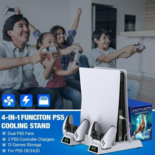 For PS5 Playstation 5 Host Dual Gamepad Controller Charging Station Stand + Cooling Fan With 13 Game Card Slots LED Indicator