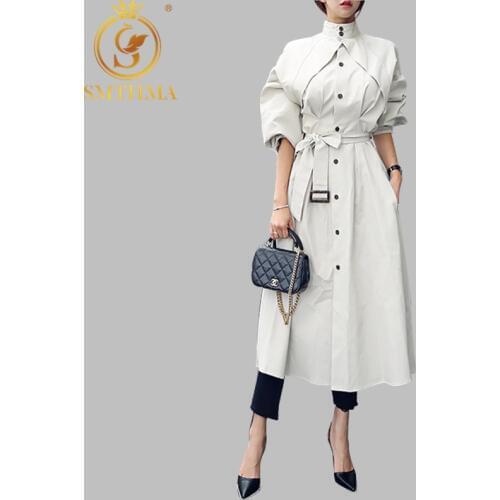 SMTHMA High Quality New Fashion Bow Lace up Windbreaker Dress Women Long Sleeve Party Dresses Female Elegant Korea Clothes